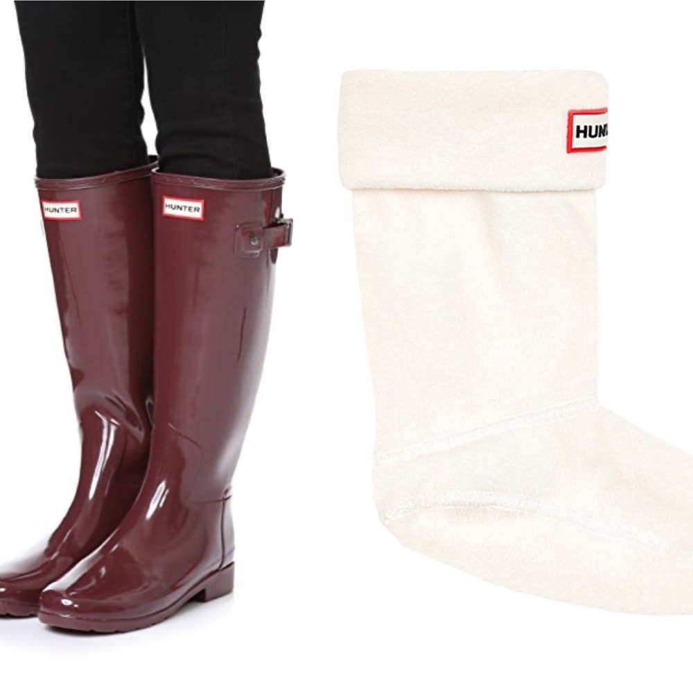 Tall maroon hunter rain boots + boot socks size 8